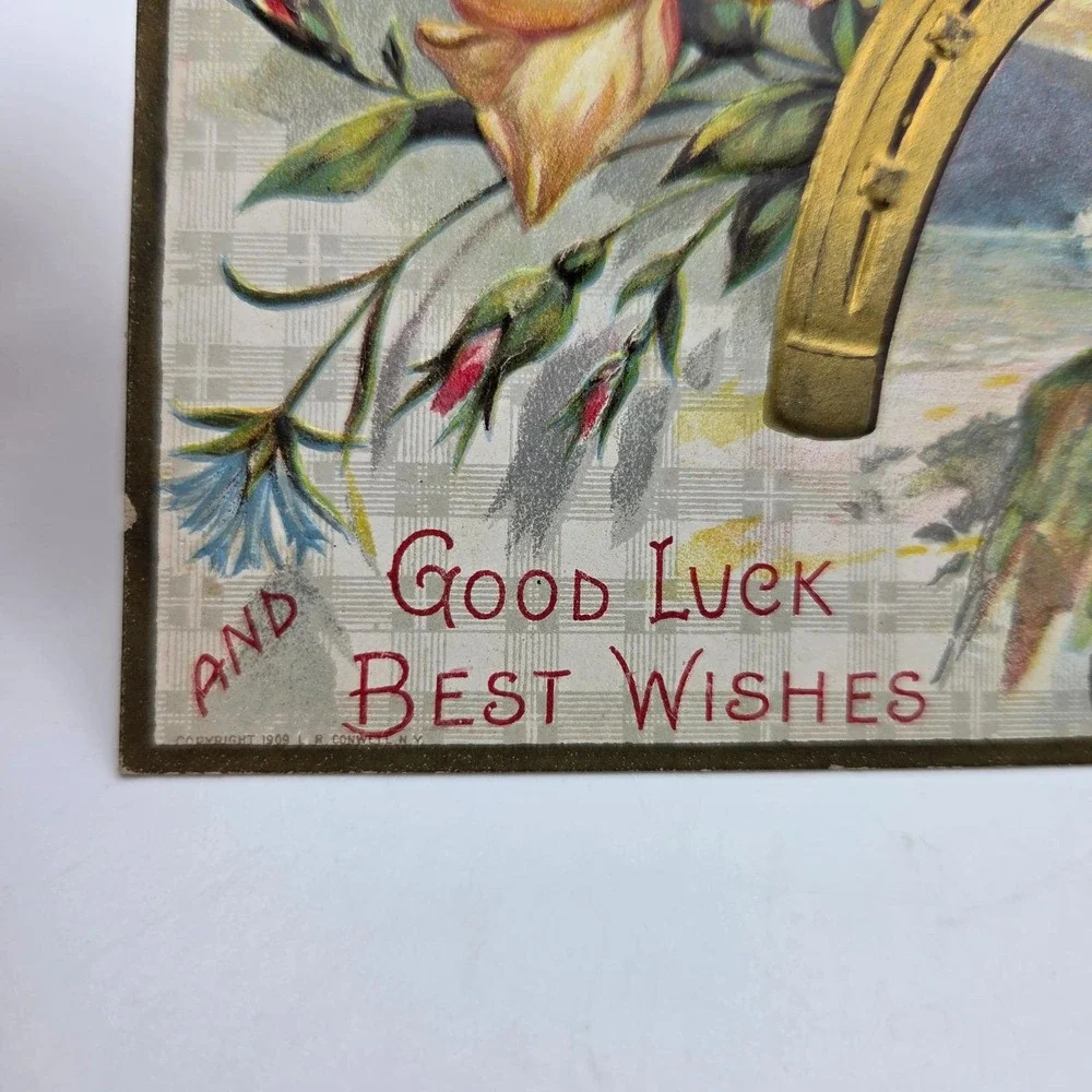Good Luck Best Wishes Vintage Postcard Horseshoe Rose‎ 1909 R Conwell